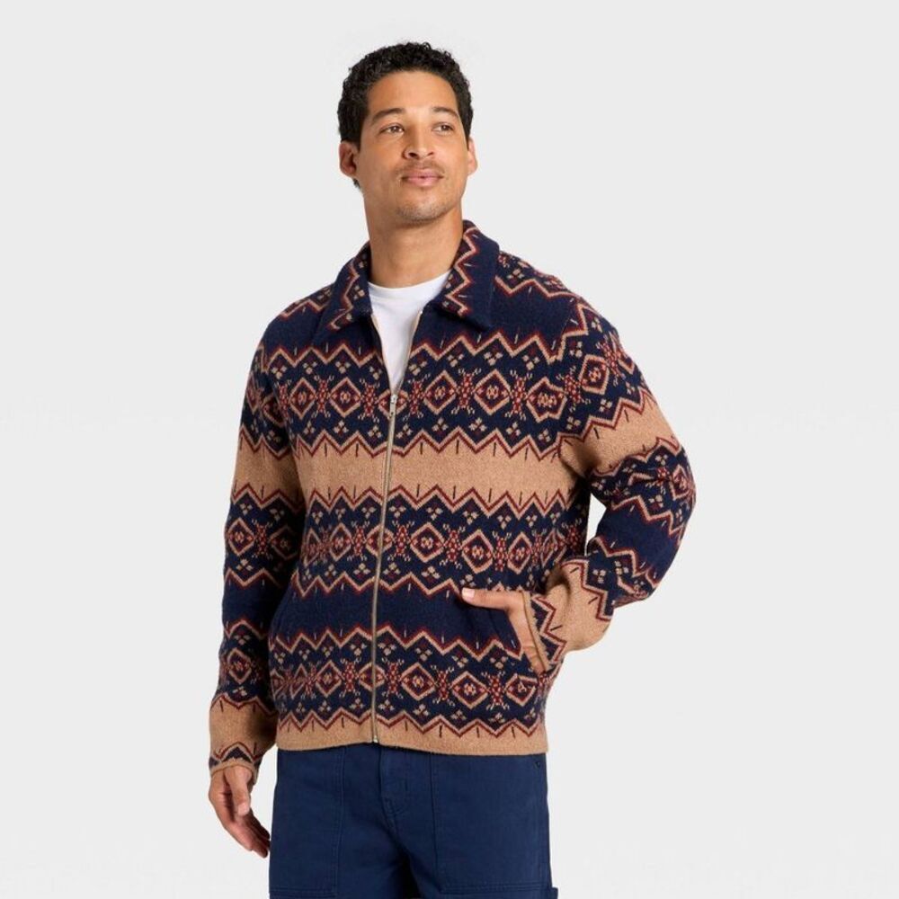 Men's Fair Isle Sweater Jacket - Goodfellow & Co Blue M